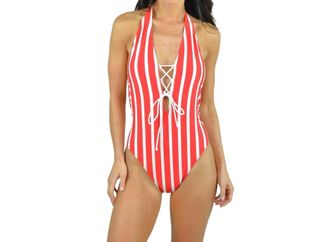 Milly Stripe Laced Front Halter One Piece Swimsuit In Red/ivory