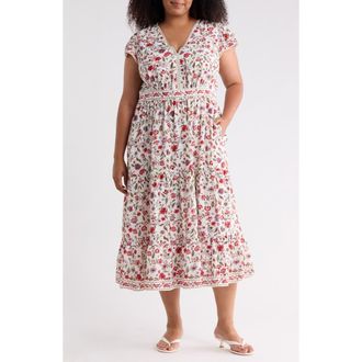 Max Studio V-Neck Flutter Sleeve Maxi Dress in Cream/Red Velvet Vine at Nordstrom Rack, Size 3X