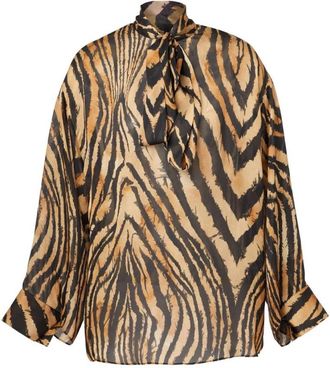 Roberto Cavalli Bow Animal Print Silk Blouse, Brand Size 42 ( US Size 8 )