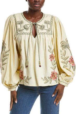 Farm Rio Linen-Blend Tropical Flower Embroidered Sand Blouse