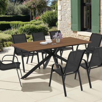 IDMarket Conjunto De Muebles De Jard&iacute;n Messina Mesa De 190 Cm Con Patas De Ara&ntilde;a Efecto Madera Y 8 Sillas Apilables Negras