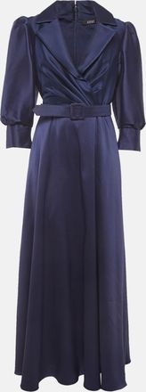 Badgley Mischka Navy Blue Twill Belted Collared Gown