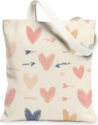Generic Valentines Day Hearts Canvas Tote Bags, Cute Love Pattern Reusable Shopping Bags, Lightweight Washable Shoulder Strap Canvas for Gym Outdoor Travel Pi