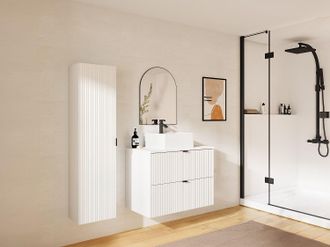 Vente-Unique Mobile per bagno sospeso con scanalature e lavabo da appoggio e colonna 80 cm Bianco opaco - ZEVINI