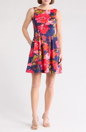 Vince Camuto Floral Sleeveless Scuba Knit Fit & Flare Dress in Navy Multi at Nordstrom Rack, Size 14