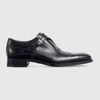 Gucci Mens Monk Strap Shoe, Black, Leather