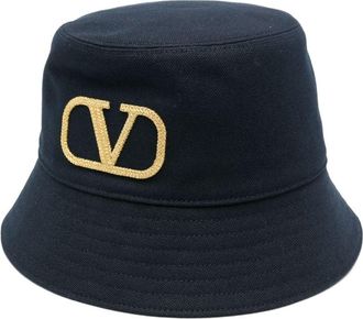ハット Valentino Garavani Midnight Blue Cotton Bucket Hat Valentino Garavani Reversible Blue Optical Bucket Hat
