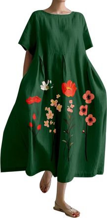 Generic Poamen Vintage Japanese Art Dress for Women 2024 Boho Floral Print Oversized Crewneck Linen Casua Summer Dresses Long Casual Dress for Women (AG-d, XL