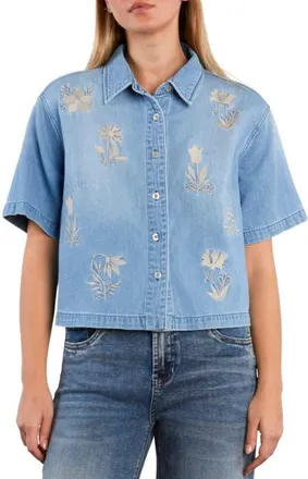 HINT OF BLU Floral Stitched Crop Denim Shirt in Fleur Blue at Nordstrom, Size X-Large