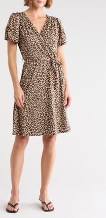Loveappella Short Sleeve Faux Wrap Jersey Dress in Tan Multi at Nordstrom Rack, Size X-Large