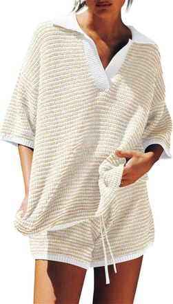 Generic Womens Striped Sweater Set 2 Piece Outfits, Oversized 3/4 Sleeve V Neck Knit Tops High Waisted Shorts, 2025 Trendy Lounge Set (Apricot,Large)