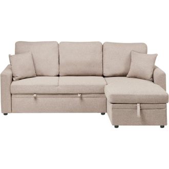 Beliani Corner Sofa Bed 3 Seater NASSJO Faux Linen Light Brown with Storage Left Hand