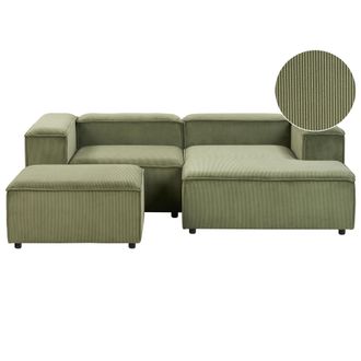 Beliani Sof&aacute; Modular Esquinero 3 Plazas Moderno Patas Negras Tapizado Pana De Poli&eacute;ster Verde Izquierdo Con Otomana Ardal