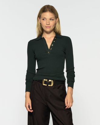 Serena Bute Ribbed Henley Top - Forest Green