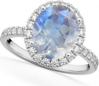 Allurez Oval Cut Halo Moonstone & Diamond Engagement Ring 14K White Gold 3.31ct