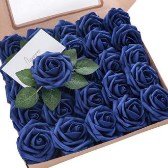 OEM (azul Real) Juego De 25 Rosas Artificiales De Espuma Color Marfil Con Tallos Para Ramos De Novia, Centros De Mesa Para Fiestas, Arreglos Florales Y De