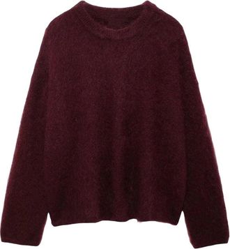 Generic Women Fluffy Crew Neck Long Sleeve Pullover Sweater Warm Loose Fit Casual Knit Office Jumper Burgundy