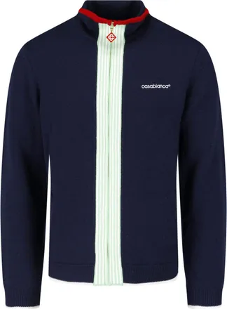Casablanca Deep Navy Sweater With Mint Stripe And Contrasting Trim