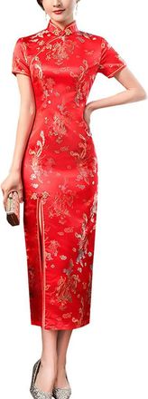 Generic Deluxe Sleeveless Cheongsam Costume Mandarin Collar Side High Split Chinese Traditional Party Cocktail Bodycon Outfit, 13-red, L