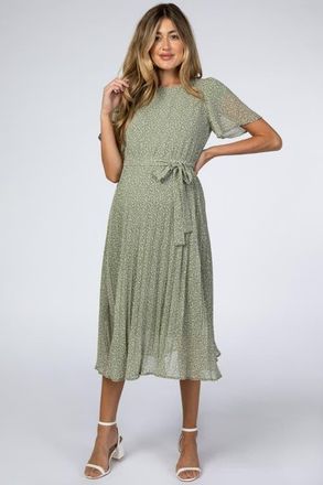 Pinkblush Leaf Print Pleated Midi Dress in Light Olive at Nordstrom, Size Medium