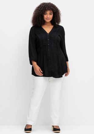 Sheego Crepebluse SHEEGO BY JOE BROWNS, Damen, Gr. 44, schwarz, 100% Viskose, Spitze:100% Baumwolle, unifarben, V-Ausschnitt, Blusen Crepebluse