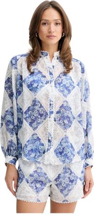 Twinset Ramie Blouse met Bloemendruk - Dames - Blouses - Blauw - XL - Polyester - Overhemden