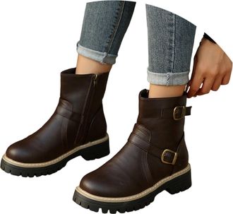 Generic Casual Ankle Boots for Women with Chunky Sole Round Toe Side Zip Lightweight All-Season Footwear Suitable for Everyday Leisure and Date Night (Brown, 