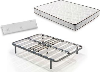 HOGAR 24 Cama Completa - Colchón Flexitex con Tejido 3D y Aloe Vera, Altura 18 cm + Somier Multiláminas con Patas de 32 cm + Almohada Viscoelástica, 135x190 cm