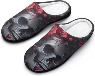 Generic Rose Death Skull Head Mens Slippers Slip On Comfortable Fleece Cotton House Shoes Winter