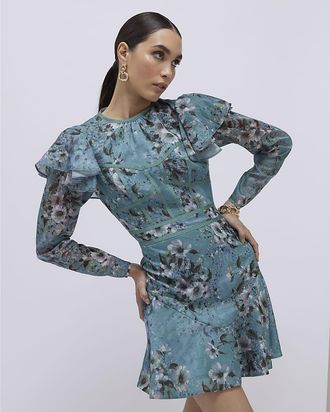 River Island Womens Mini Dress Blue Floral Ruffle Lyocell - Size 14 UK
