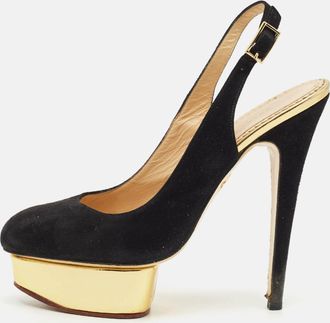 Charlotte Olympia Black Suede Dolly Platform Slingback Pumps