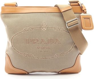 Prada LOGO JACQUARD Canvas Leather Shoulder Bag