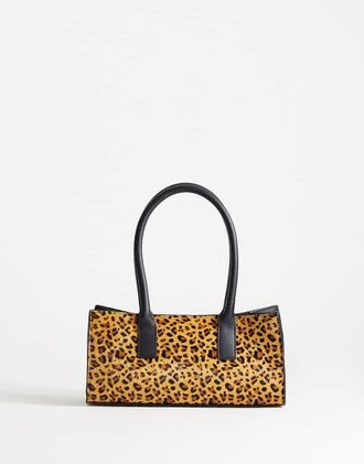 Topshop Tiana borsa bowling tote in vera pelle con stampa leopardata-Marrone
