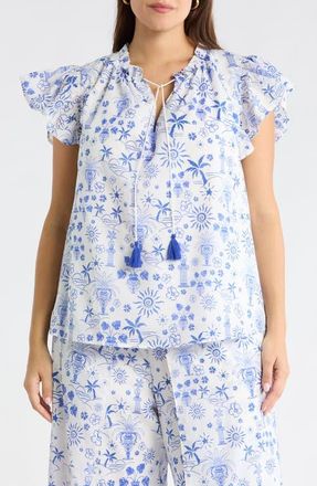 Sugarlips Azul Tropics Deniza Split Neck Top in Blues White at Nordstrom, Size 3 X