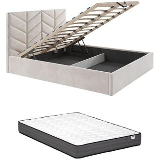 Vente-Unique Letto con contenitore 160 x 200 cm Tessuto testurizzato Panna + Materasso - JUSTANI