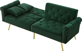 STILVORA Clic-clac 2 Plazas En Terciopelo Con Respaldo Ajustable 3 Posiciones, Patas De Metal Dorado Y 2 Cojines, Verde Antiguo