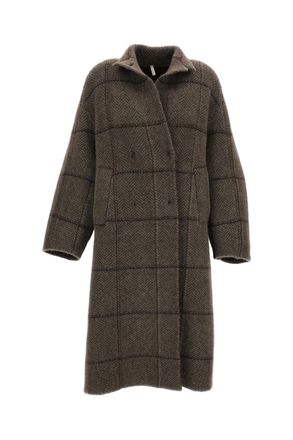 Boboutic Oversized Double-Breasted Coat with Multicolor Herringbone Pattern