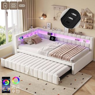 Matteo Beige Velvet Daybed Sofa with RGB LED, Charger, Trundle | Size: Single
