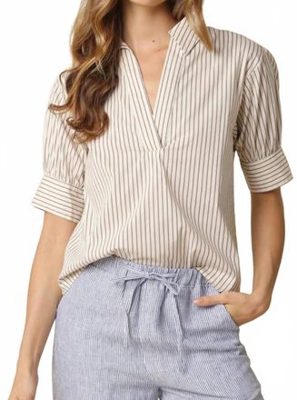 Olivaceous Split Neck Blouse In Taupe Stripe