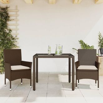vidaXL Set Comedor Jard&iacute;n 3 Pzas Cojines Rat&aacute;n Sint&eacute;tico Vidrio Marr&oacute;n Vidaxl