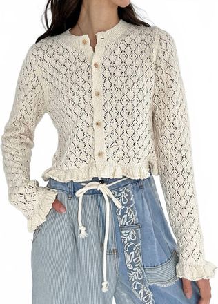 Peach Love California Eyelet Knit Ruffle Hem Cardigan In White