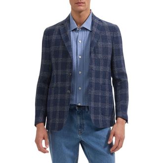 Bugatchi Windowpane Check Cotton & Linen Blend Blazer in Navy at Nordstrom, Size 46