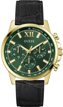 Guess Walker Green Dial Multifunction Leather Strap Watch, 44mm in Black at Nordstrom