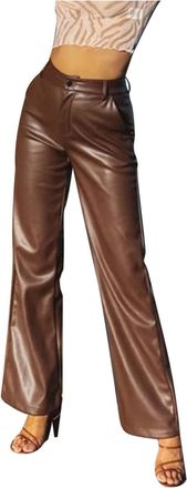 Generic Womens Autumn Winter Faux Leather PU Wide Leg Flared Black Trousers with Button Pockets High Waist Loose Fit Stylish Leather Look Pants for Women (Bro