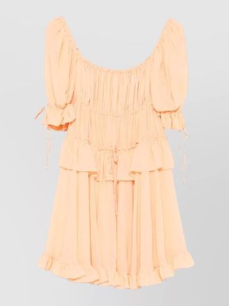 Chlo&eacute; silk tiered square neck short puff sleeve mini dress