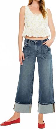 Kancan Mid Rise Wide Leg Cuffed Jeans In Blue