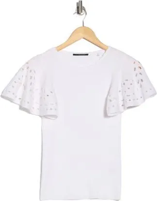 T Tahari Embroidered Eyelet Short Sleeve Sweater in Bright White at Nordstrom Rack, Size X-Small