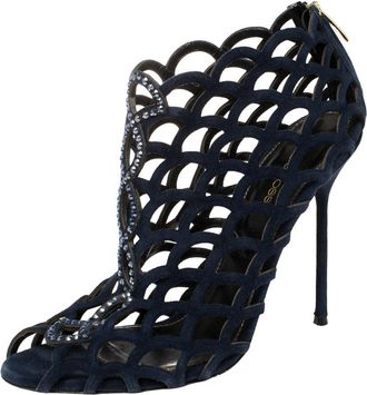 Sergio Rossi Blue Suede Crystal Embellished Scalloped Peep Toe Caged Booties