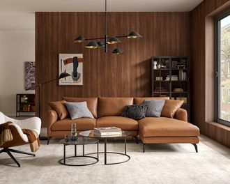 Castlery Lena Leather Chaise Sectional Sofa, Right Facing, American Top Grain Leather, Brown, Matte Black Legs