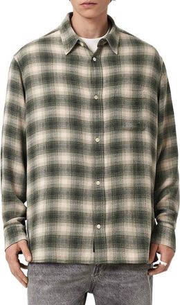 AllSaints Lumley Plaid Button-Up Shirt in Pale Olive Green at Nordstrom, Size Xx-Large